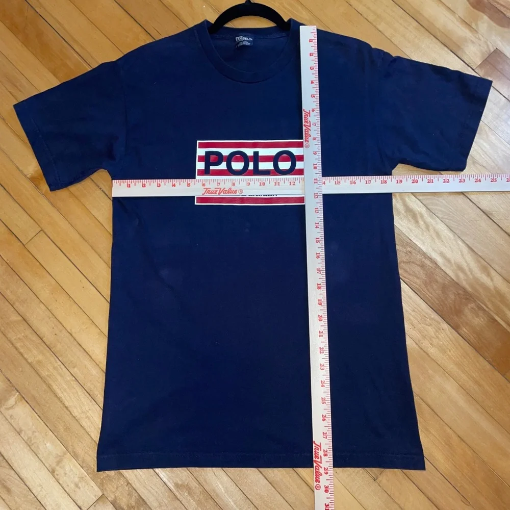 Polo Ralph Lauren Vintage Graphic Tee USA Flag Logo Spell Out Navy Medium